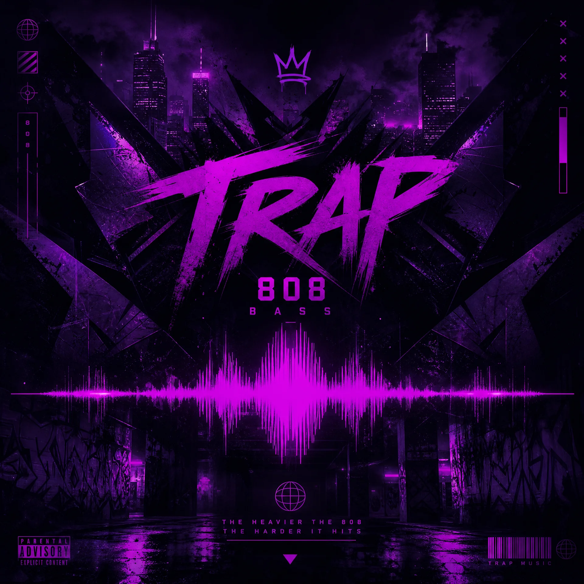Trap音乐风格封面，紫色霓虹与808低音波形